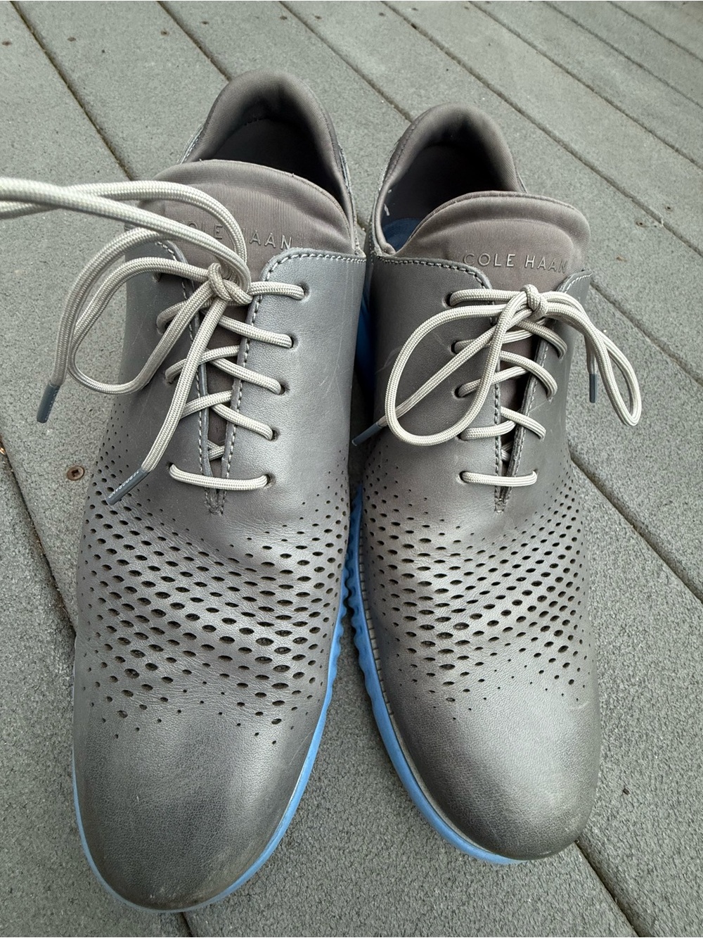 Cole Haan Grey Perforated Leather Oxfords with Blue Sole